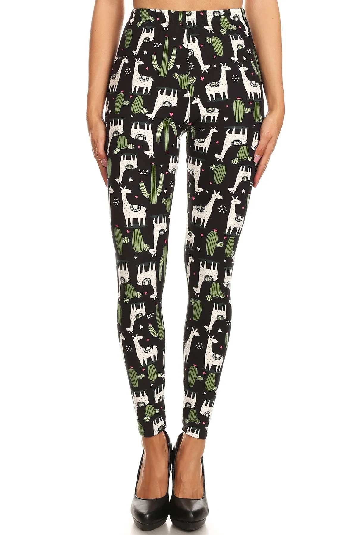 Women's Plus White Giraffe Green Cactus Pattern Printed Leggings