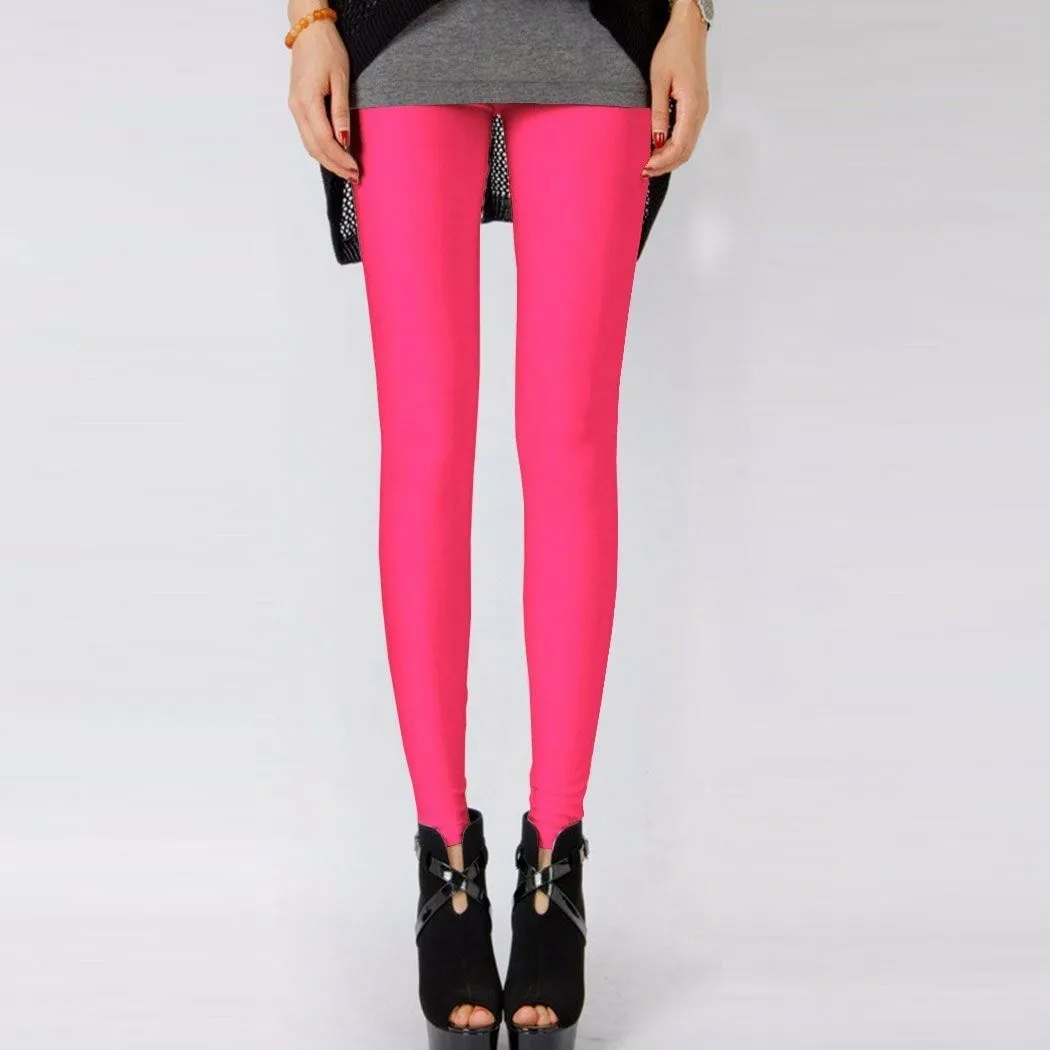 Womens Shiny Neon Leggings Fluro Stretch Metallic Pants Black Pink Dance Yoga